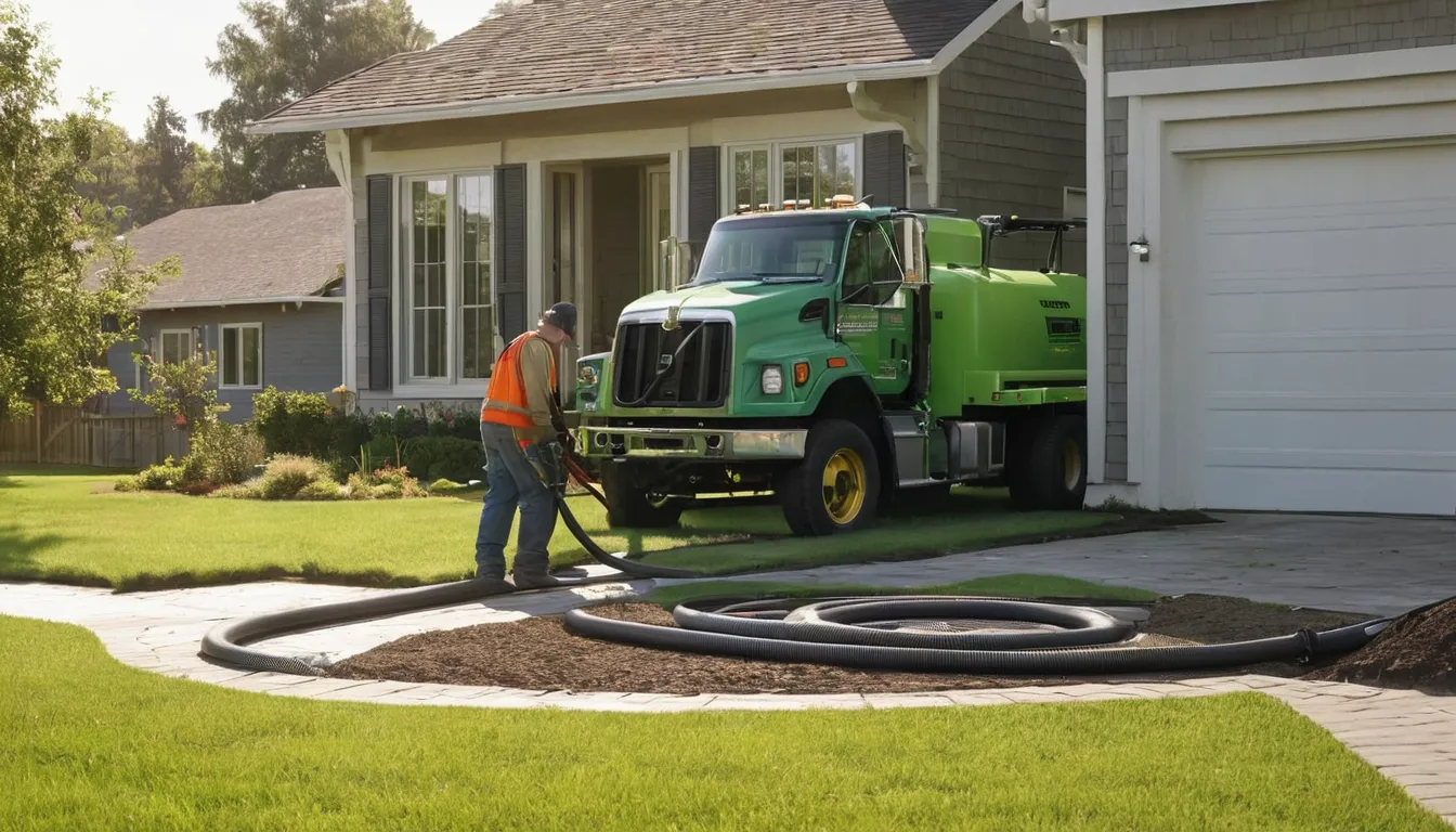 Septic tank pumping truck parked beside a yard near Orland Park with a hose running to an open tank lid